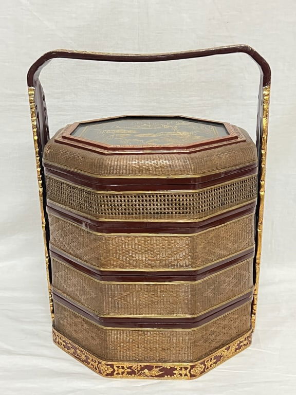 19-20th C. Chinese Gilt Bamboo Weaved Snack Box (1 of 5)
