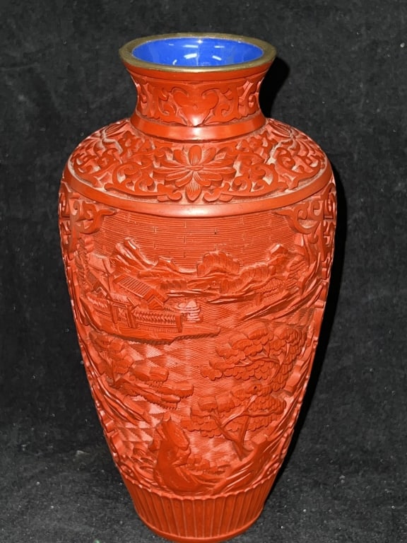 Chinese Cinnabar Carved Vase: Chinese Cinnabar Carved Vase, 8.5in