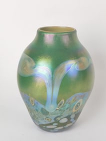 Vintage Iridescent Green Art Glass Vase, Signed Tom