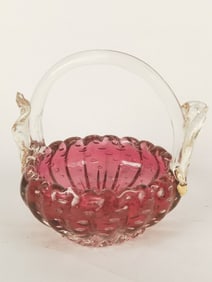 Vintage Murano Italy Gold Ruby Bubble Glass Basket Bowl