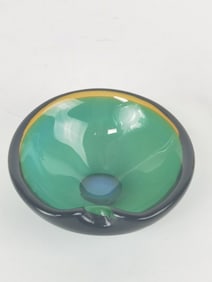 Vintage Murano Italy Green Glass Bowl with Color Stripe