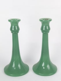 Pr. of Vintage Jadeite Green Glass Candlesticks