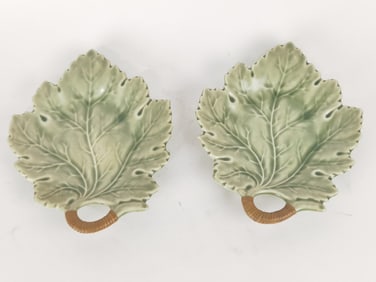 (2) Vintage Majolica Porcelain Green Leaf Plates