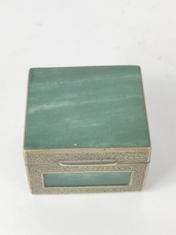Old Parsi Zoroastrian Heirloom Box with Silver and Jade: Old Parsi Zoroastrian Heirloom Box with Silver and Jade, 2in by 2.5in