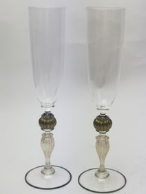 Pr. of Vintage Murano Italy Gold Decor Champagne Flutes