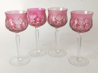 (4) Vintage Bohemian Ruby Cut-to-Clear Wine Glasses