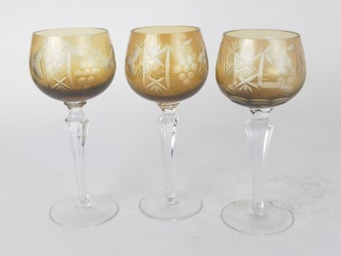(3) Vintage Bohemian Amber Cut-to-Clear Wine Glasses