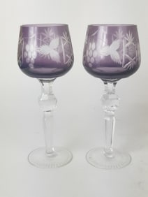 (2) Vintage Bohemian Amethyst Cut-to-Clear Wine Glasses