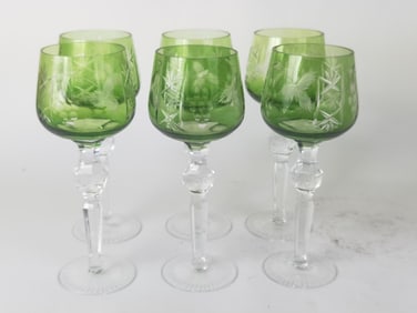 (6) Vintage Bohemian Emerald Cut-to-Clear Wine Glasses