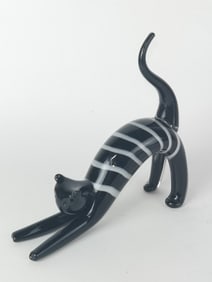 Vintage Murano Italy Striped Black Glass Cat
