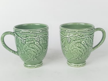 Pr. of Bordallo Pinheiro Porcelain Green Turkey Mugs