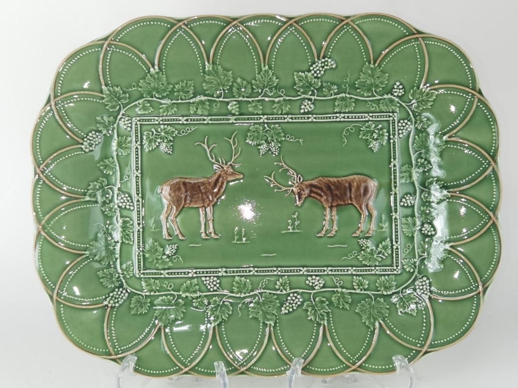 Vintage Bordallo Pinheiro Porcelain Bosque Deer Tray: Vintage Bordallo Pinheiro Porcelain Bosque Deer Tray, 18.75in by 14.75in by 1.5in