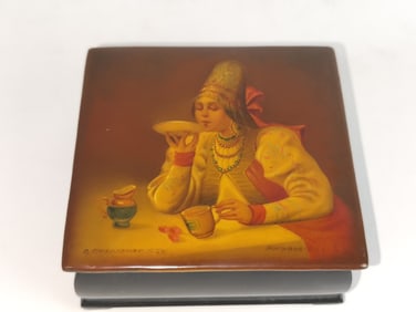 Antique Russian Hand Painted Lacquer Jewelry Box, Signed and Dated