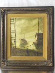 Boatside Oil Painting, Signed Lie