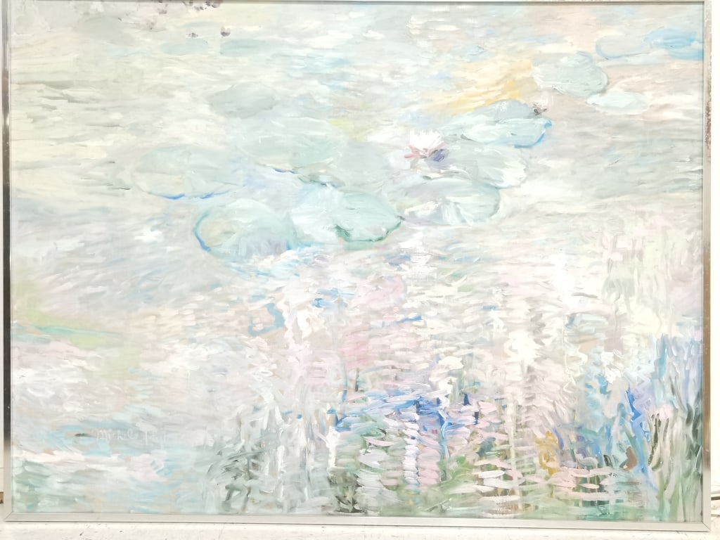 Impressionist Lotus Oil Painting on Canvas, Michele Taylor: Impressionist Lotus Oil Painting on Canvas, Michele Taylor, 45.5in by 60.25in