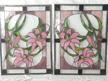 Pr. of Stained Floral Glass