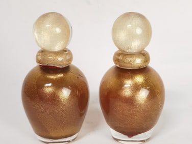Pr. of Vintage Murano Italy Gold Glass Perfume Bottles