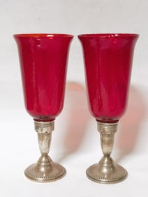 (2) Antique Kayson Ruby Glass Sterling Silver Vase