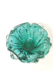 Vintage Murano Italy Green Glass Bubble Flower Dish