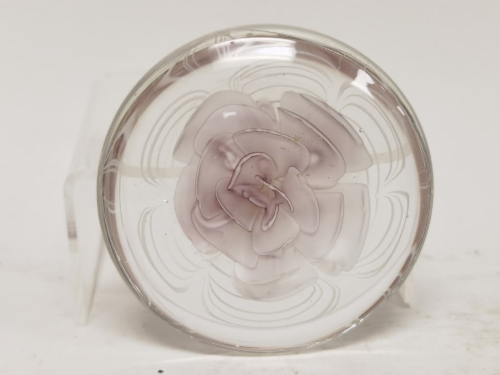 SDS Seapoot Group "Pink Flower" Glass Paperweight: SDS Seapoot Group "Pink Flower" Glass Paperweight, 1 3/8in by 3.5in