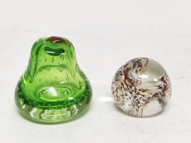(2) Unmarked Splatter and Green Pear Glass Paperweight