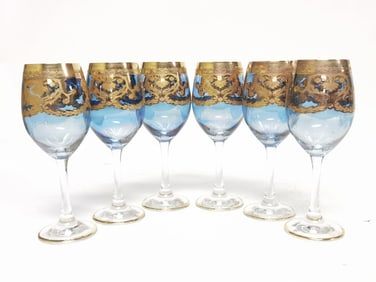 (6) Murano Italy Gilt Sky Blue Wine Glasses