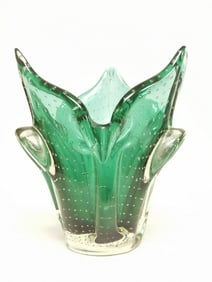 Murano Italy Green Bubble Floral Glass Vase