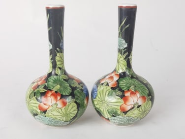 Pr. of Chinese Porcelain Black Glaze Wucai Vases