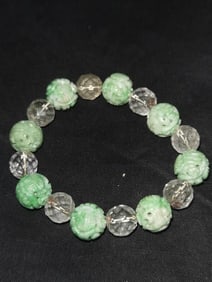 Chinese Jadeite and Crystal Carved Bead Bracelet
