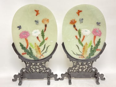 Pr. of 20th C. Chinese Export Precious Stone Inlays