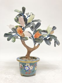 Chinese Jade Tree in Cloisonne Pot