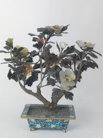 Chinese Jade Tree in Cloisonne Pot