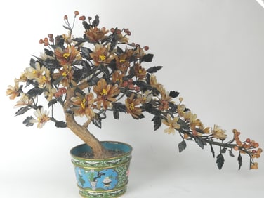 Large Chinese Jade Tree in Cloisonne Pot