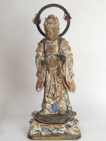 18-19th C. Japanese Gilt Enameled Wood Carved Deity