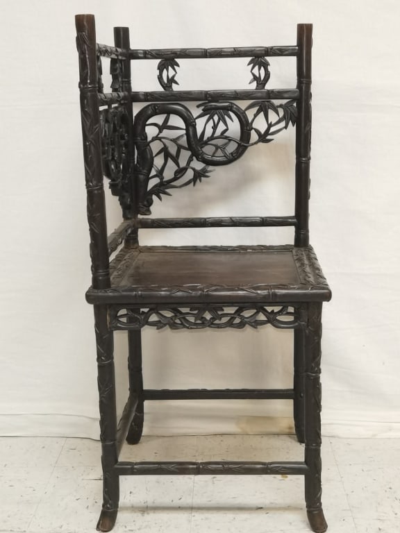 19th C. Chinese Guangdong Style Hongmu Corner Chair: 19th C. Chinese guangdong style hongmu carved corner chair, 36.5in by 16.5in