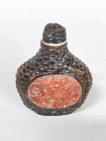 Qing Chinese Coral Inlay Amber Carved Snuff Bottle