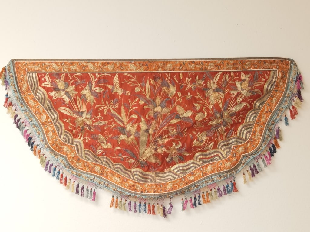 Qing Chinese Gold Thread Floral Embroidery: Qing Chinese Gold Thread Floral Embroidery, 24in by 48in