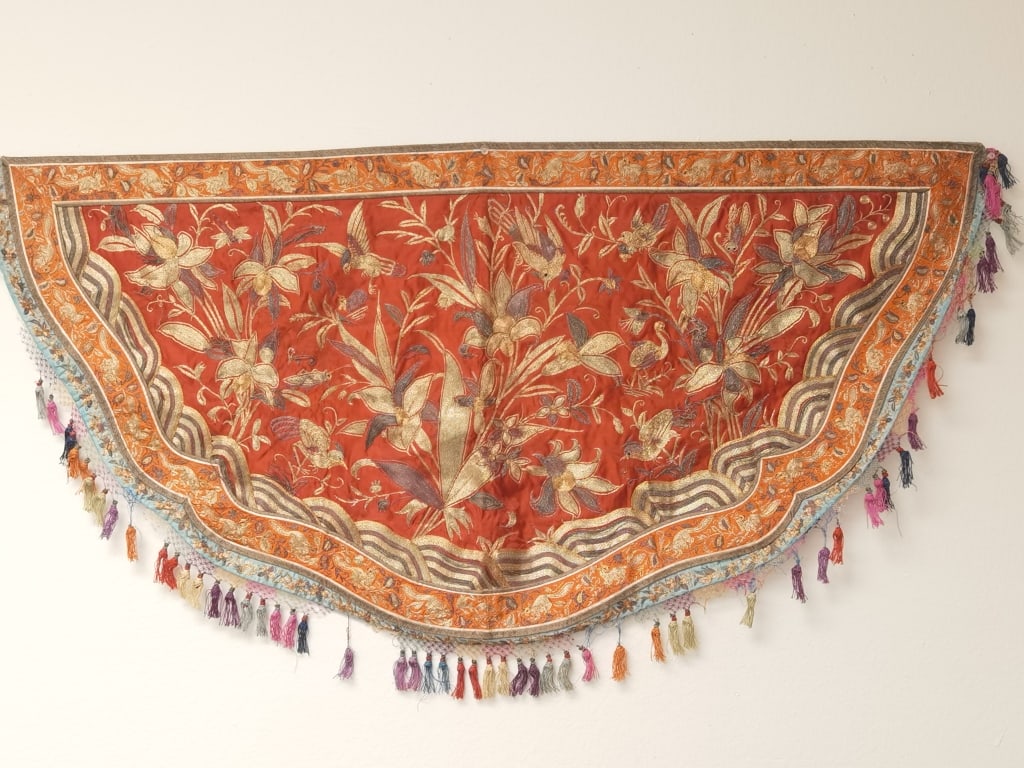Qing Chinese Gold Thread Floral Embroidery: Qing Chinese Gold Thread Floral Embroidery, 24in by 48in