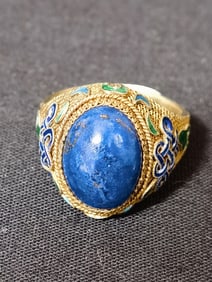 Chinese Lapis Lazuli Inlay Enamel over Silver Ring