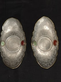 Pr. of Qing Chinese Precious Stone Inlay Pewter Saucers