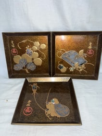 (3) 19th C. Japanese Mother-of-Pearl Inlay Maki-e Dishes