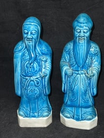 (2) Qing Chinese Porcelain Peacock Blue Glaze Figurines