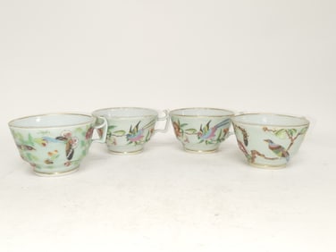 (4) Qing Chinese Porcelain Pea Glaze Famille Rose Cups