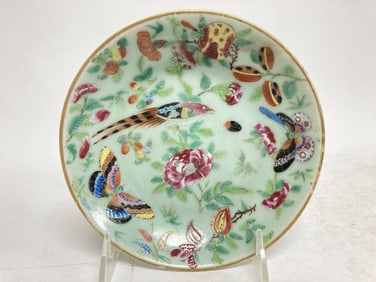 19th C. Chinese Porcelain Pea Glaze Famille Rose Plate