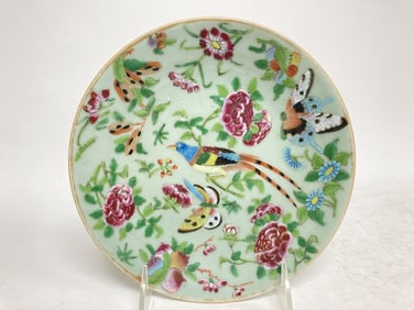 19th C. Chinese Porcelain Pea Glaze Famille Rose Plate