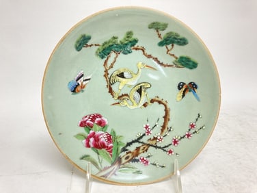 19th C. Chinese Porcelain Pea Glaze Famille Rose Plate