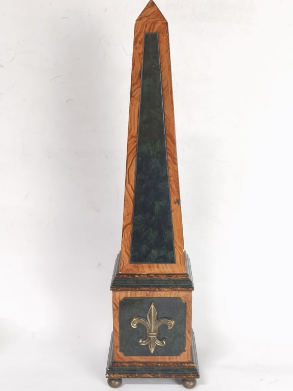 Vintage Gilt Bronze Marble and Ebony Wood Obelisk: Vintage Gilt Bronze Marble and Ebony Wood Obelisk, 18.5in