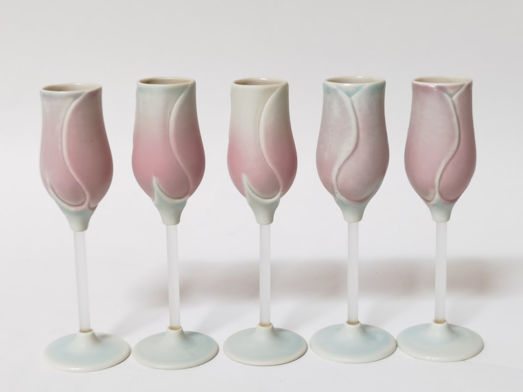 (5) Newman Ceramic Works Porcelain Wine Glasses: (5) Newman Ceramic Works Porcelain Rosebud Wine Glasses, 6.25in