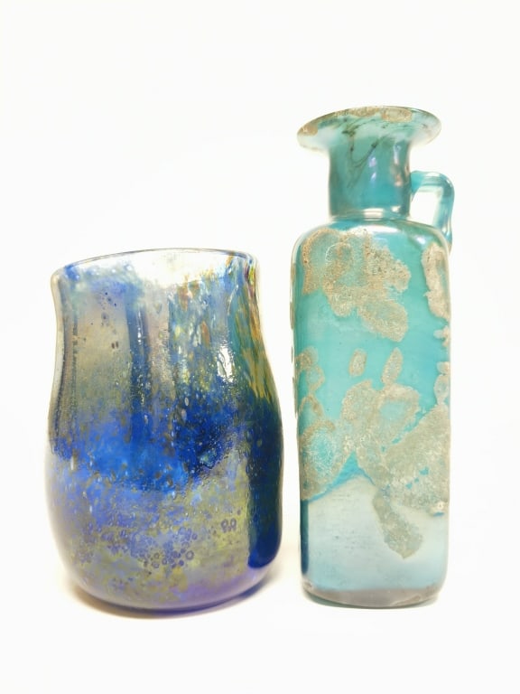 Signed Art Glass Vase and Roman Square Glass Vase: Signed Art Glass Vase and Roman Square Glass Vase, 6 3/16in & 4.5in
