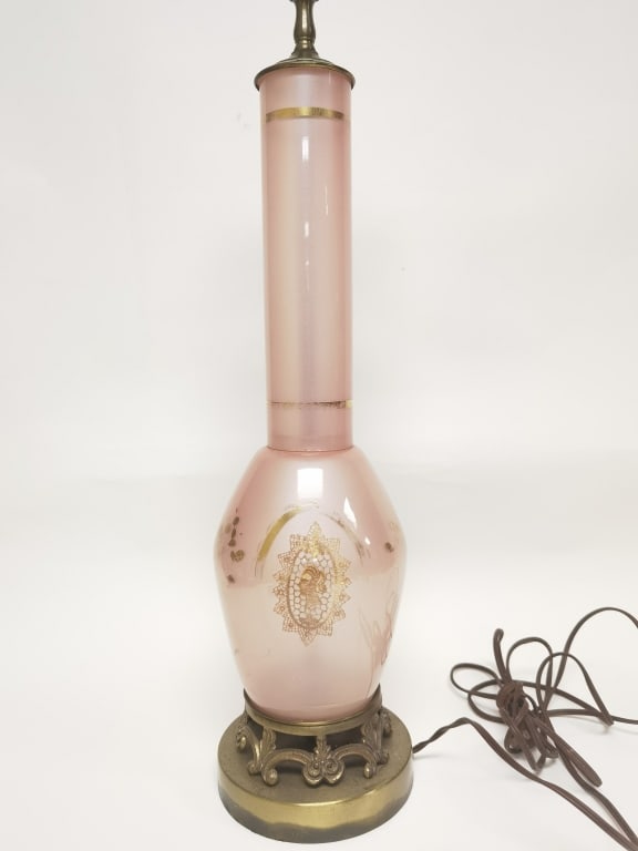 Vintage Gilt Pink Glass Crochet Portrait Lamp: Vintage Gilt Pink Glass Crochet Portrait Lamp, Vase: 17.5in, Total: 25.25in